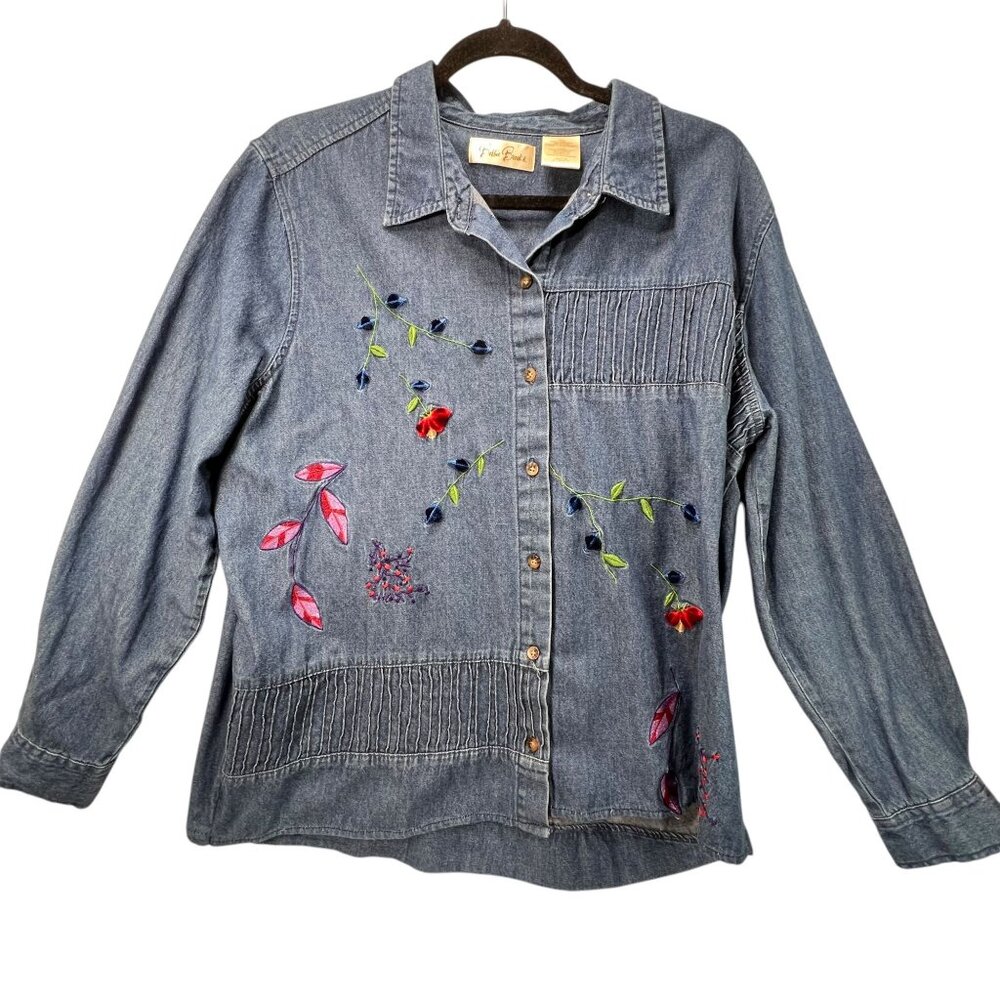 Vtg Bobbie Brooks Embroidered Denim Floral Shirt XL Floral Pintuck Blue Collar